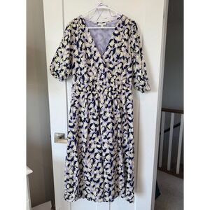 ON-34th Womens Floral Faux Wrap Midi Dress Purple Yellow Smocked Waist Large